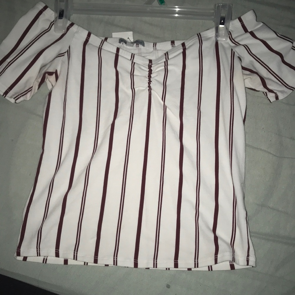Off the shoulder white and maroon stripes